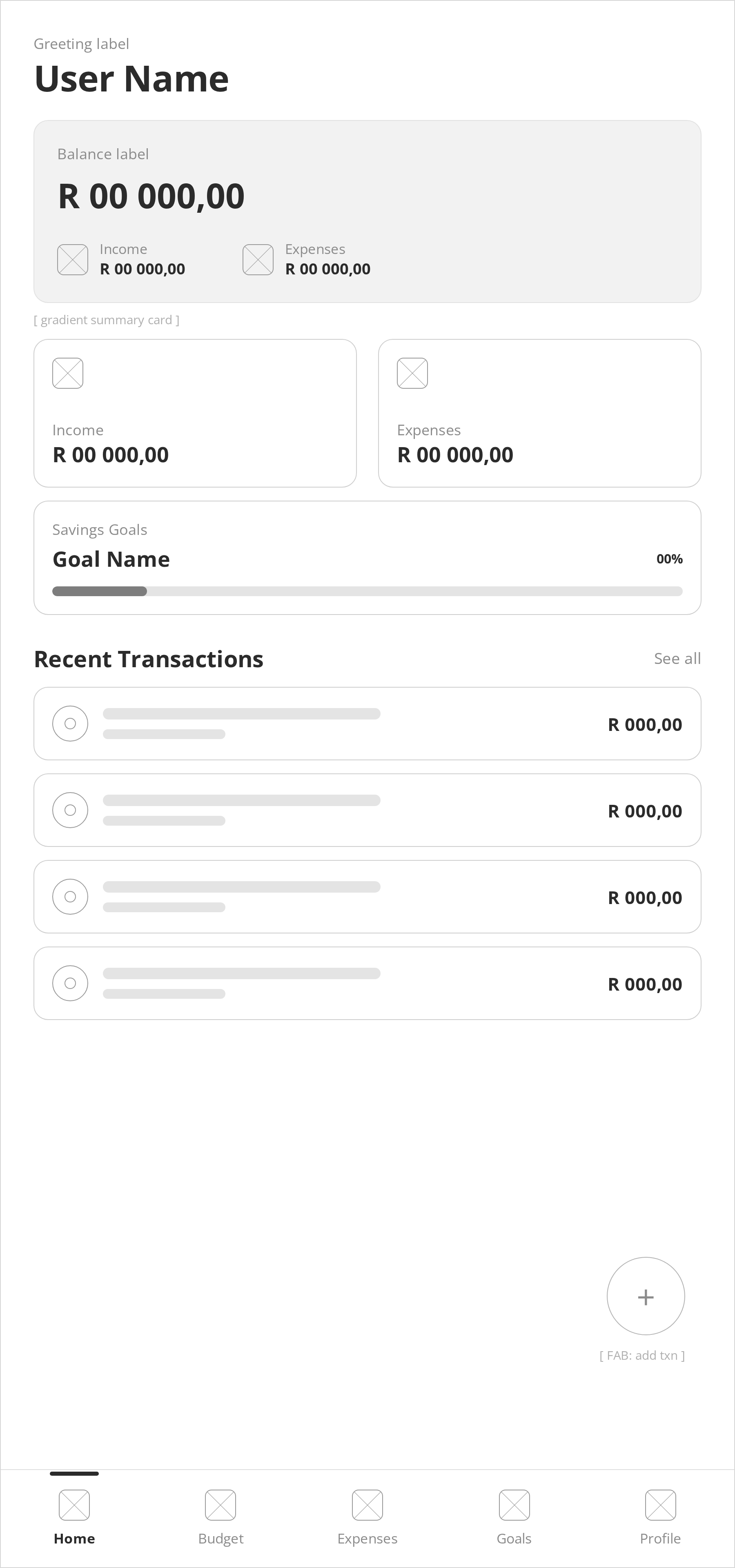 Wireframe of the Crest dashboard showing balance, income versus expenses and recent activity