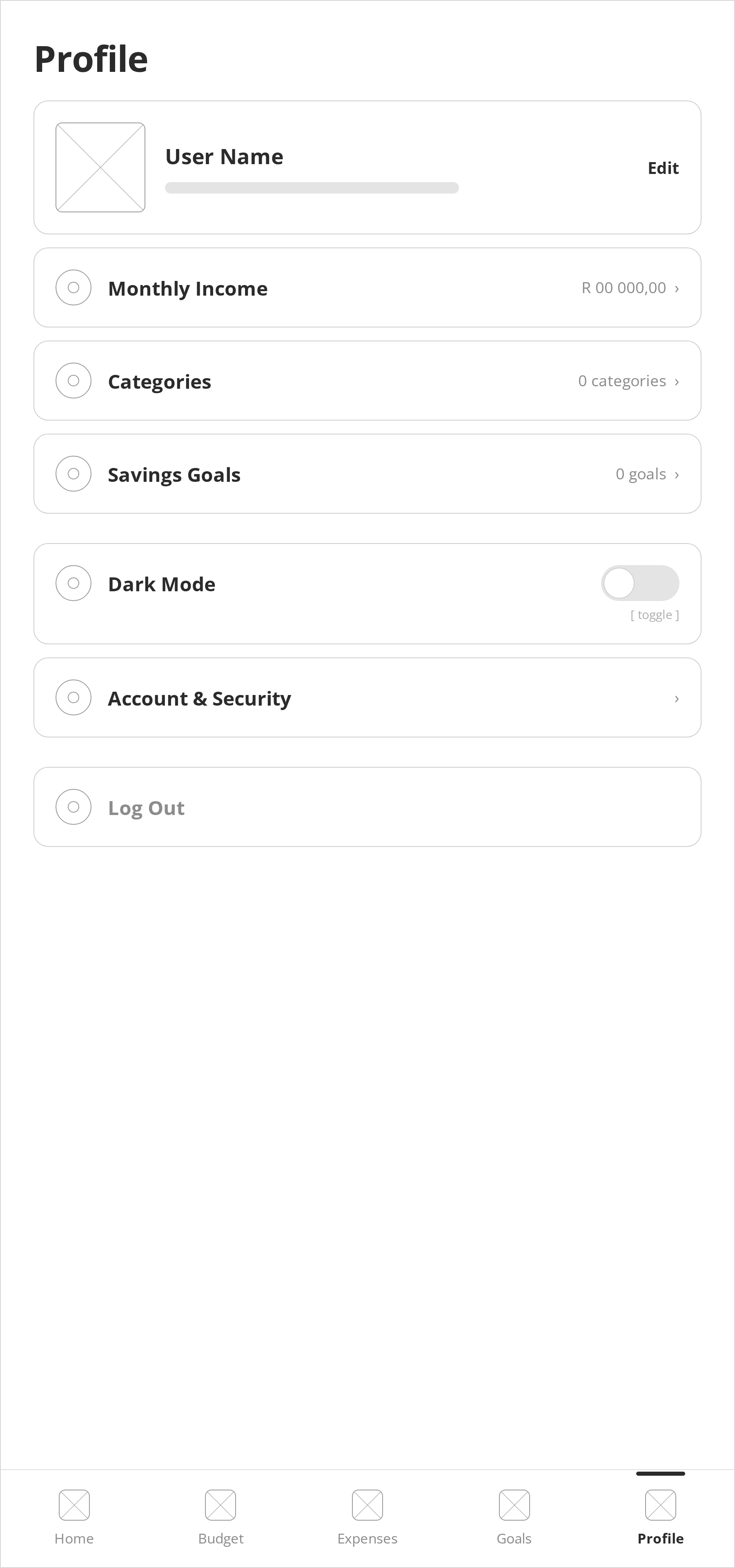 Wireframe of the Crest profile screen with account details and category management
