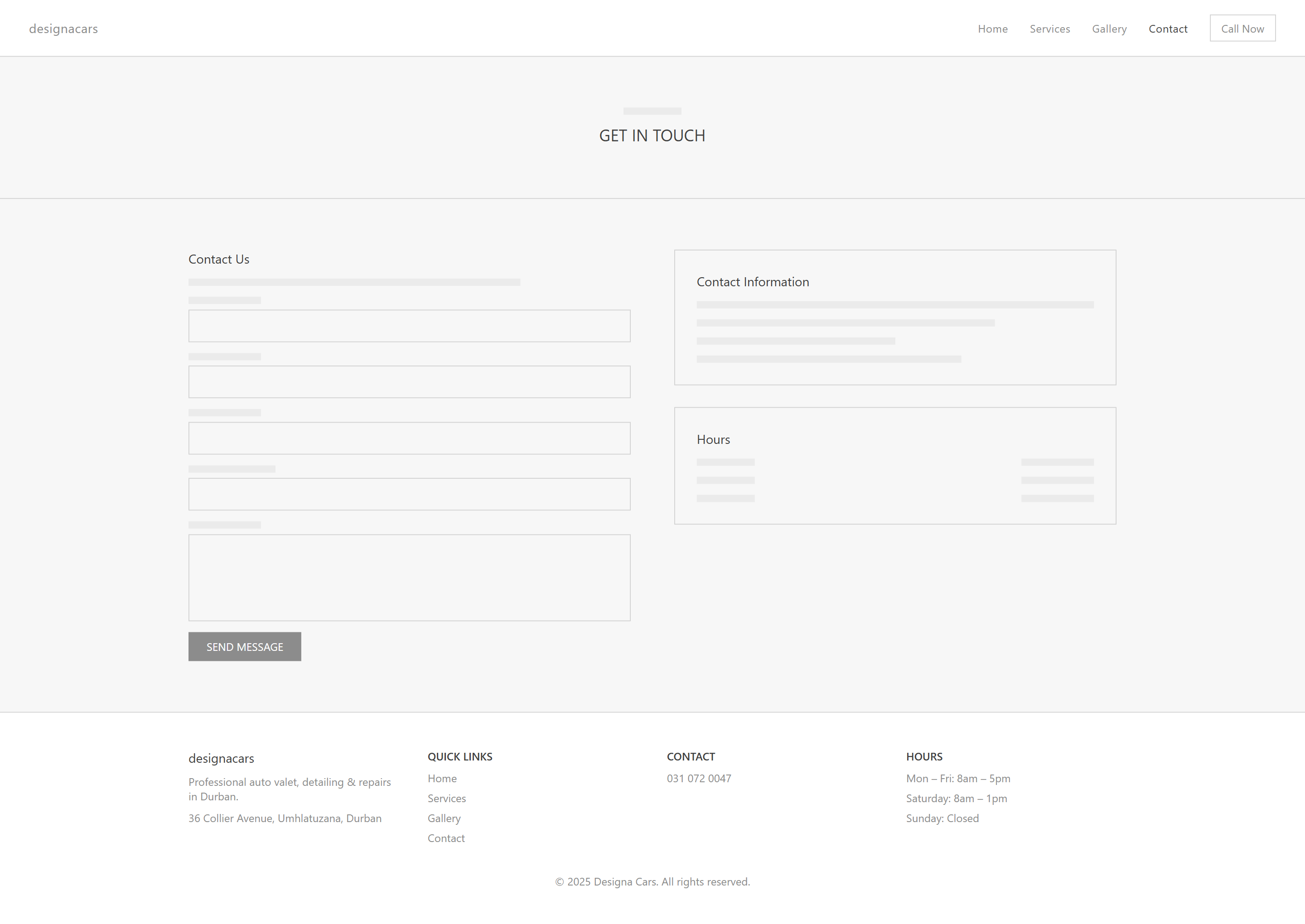 Wireframe of the DesignaCars contact page with an enquiry form and contact details