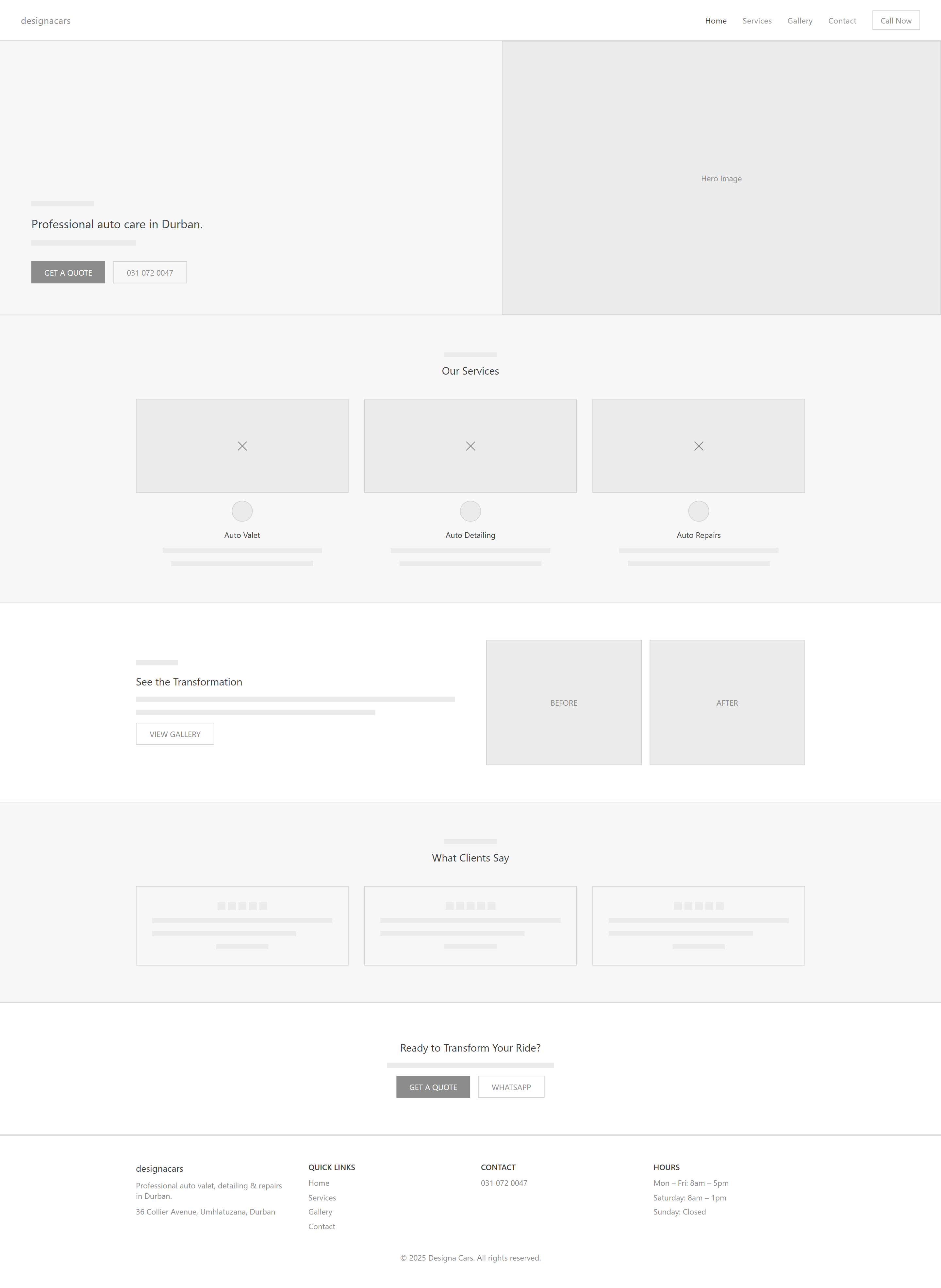 Wireframe of the DesignaCars homepage with a hero, service highlights and testimonials