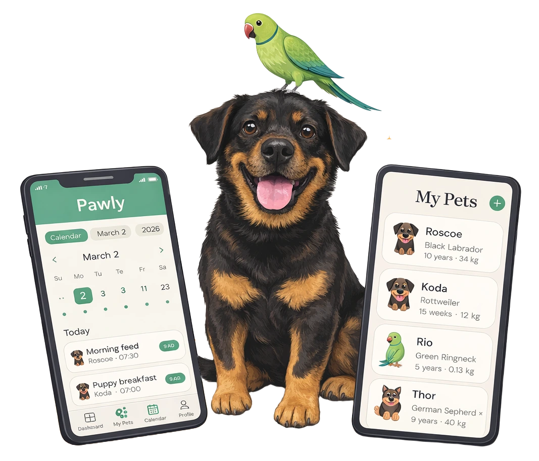 Pawly pet care app screens on a phone