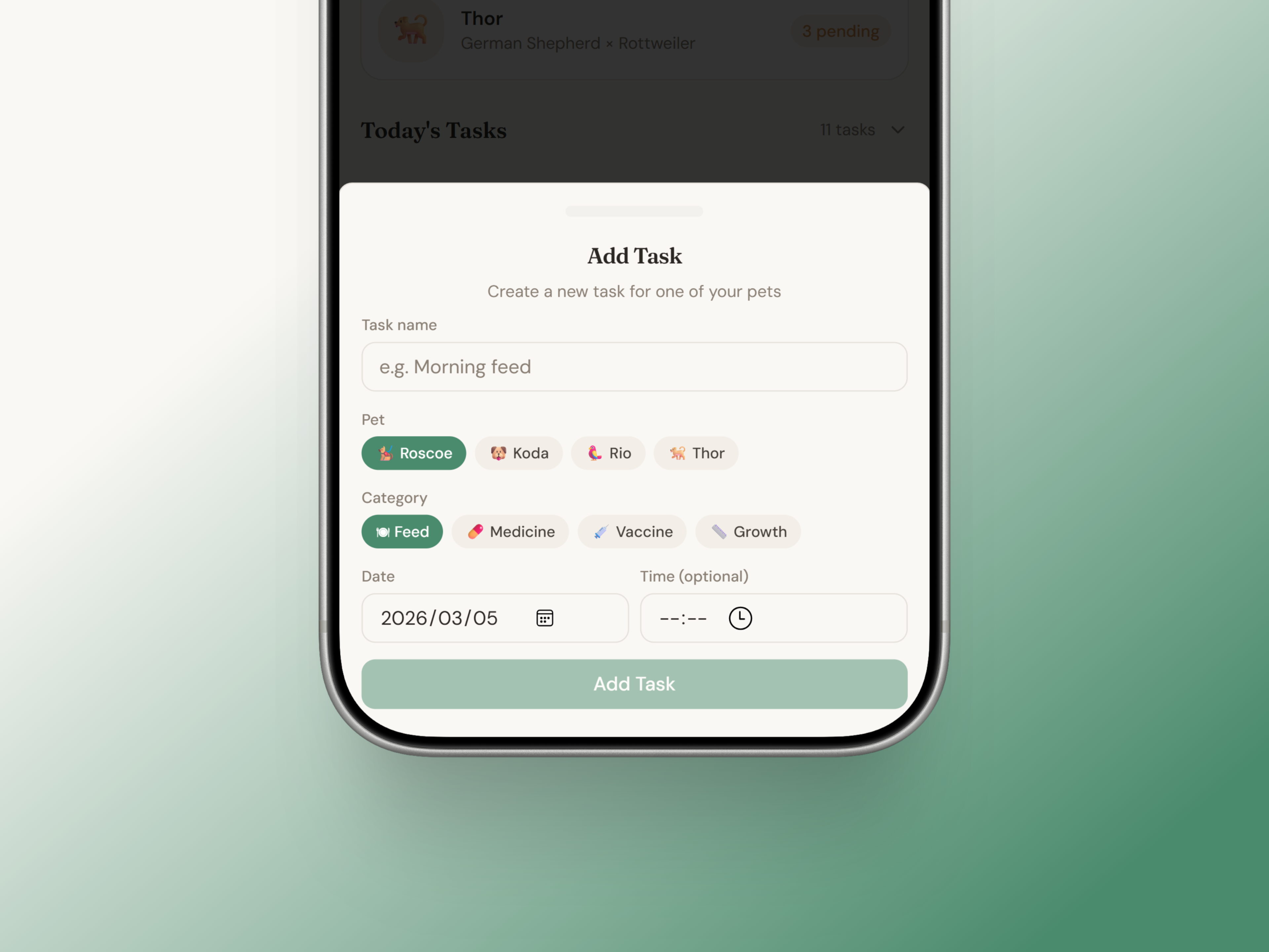 Pawly add task screen