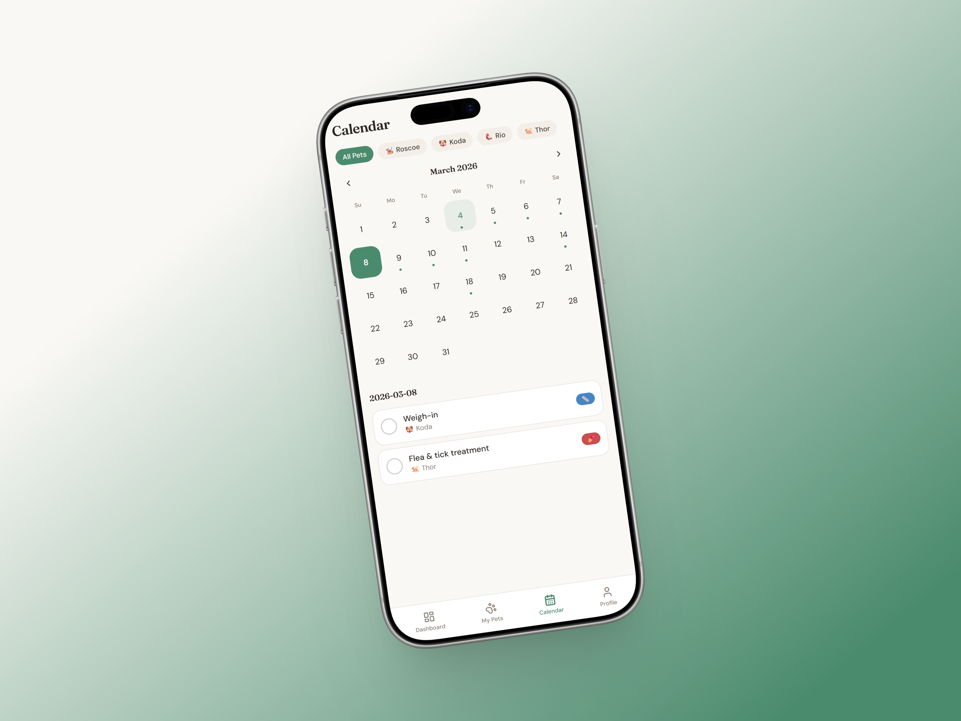 Pawly calendar screen