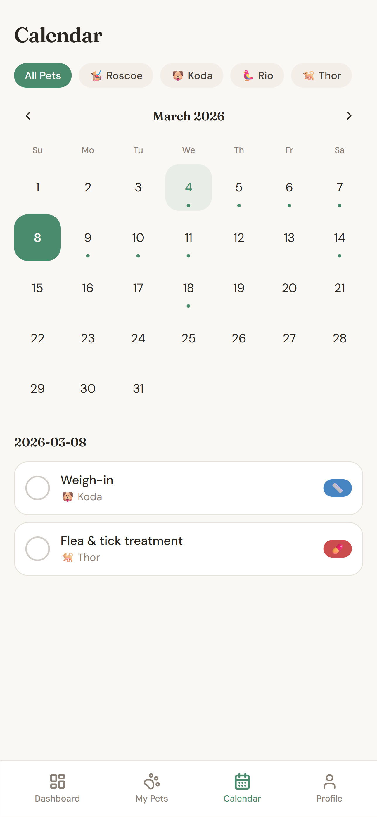 Pawly calendar screen with highlighted task days