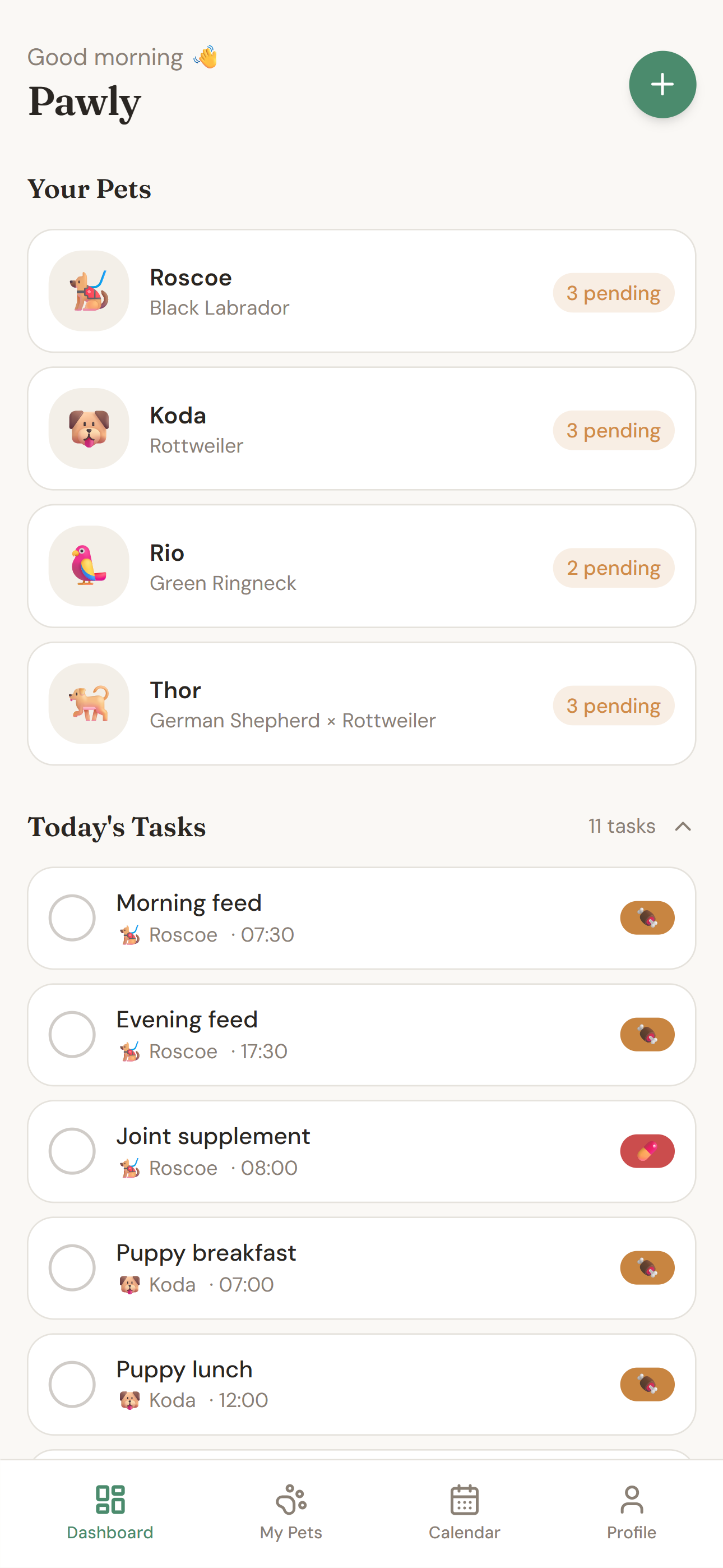 Pawly dashboard screen showing today's tasks grouped by pet
