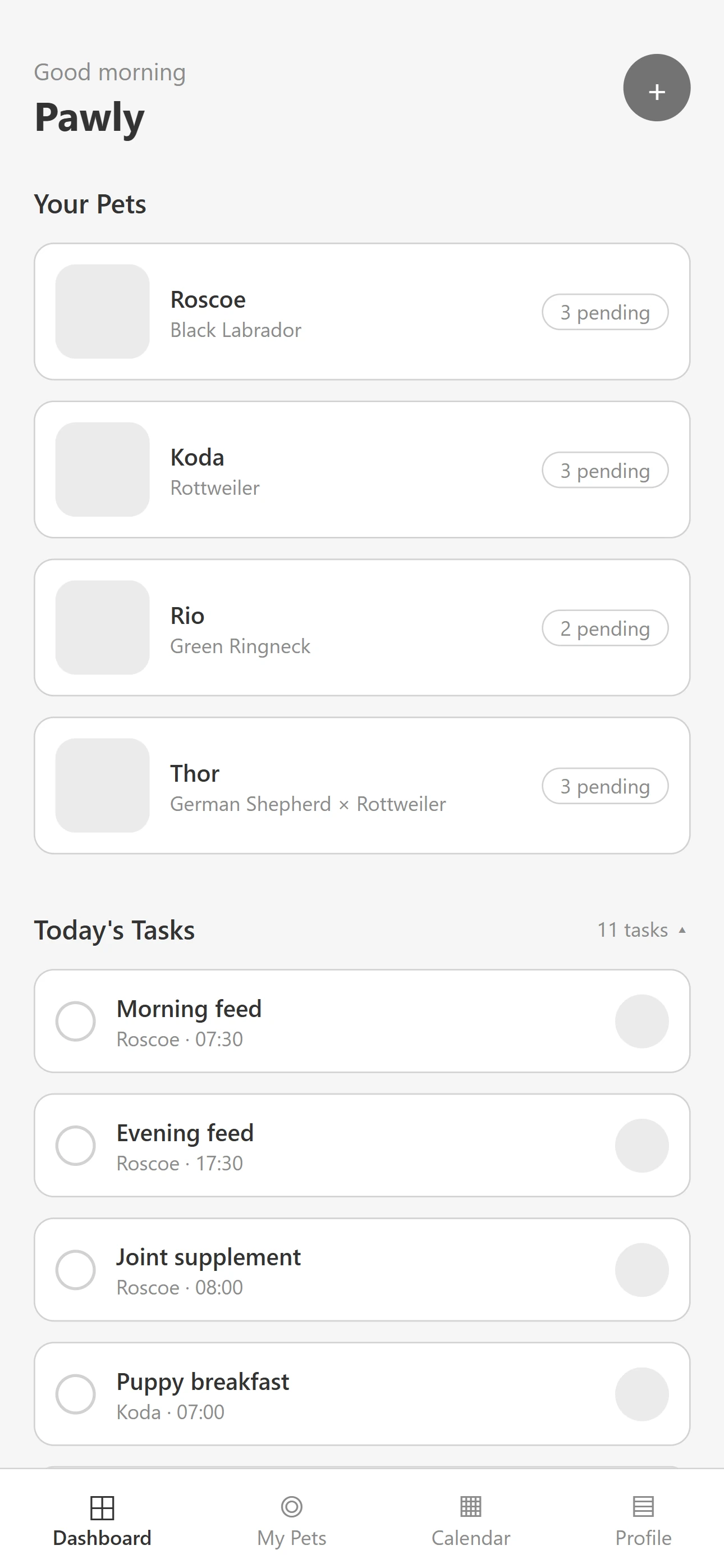 Wireframe of the Pawly dashboard with pet cards showing pending task counts and a list of today's tasks
